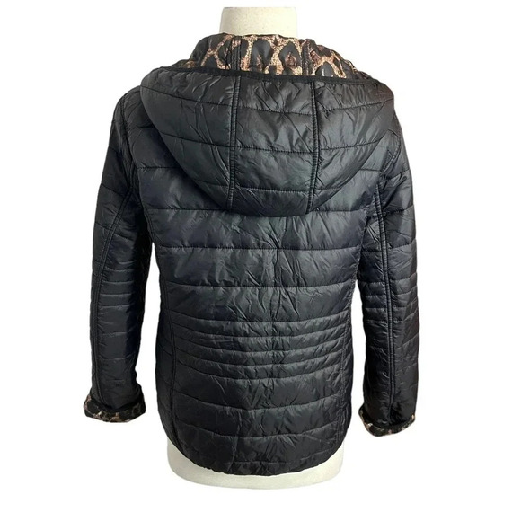 Dressbarn M‎ black + leopard print reversible hooded puffer jacket with pockets - Picture 7 of 8